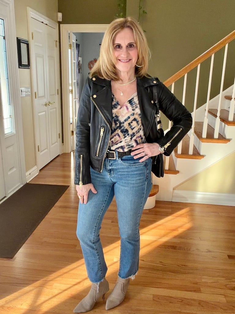 Light Wash Straight Leg Jeans with Moto Jacket, Denim Light Wash Straight Leg Jeans with Moto Jacket, Denim — Simple Straight Leg Jeans Outfits