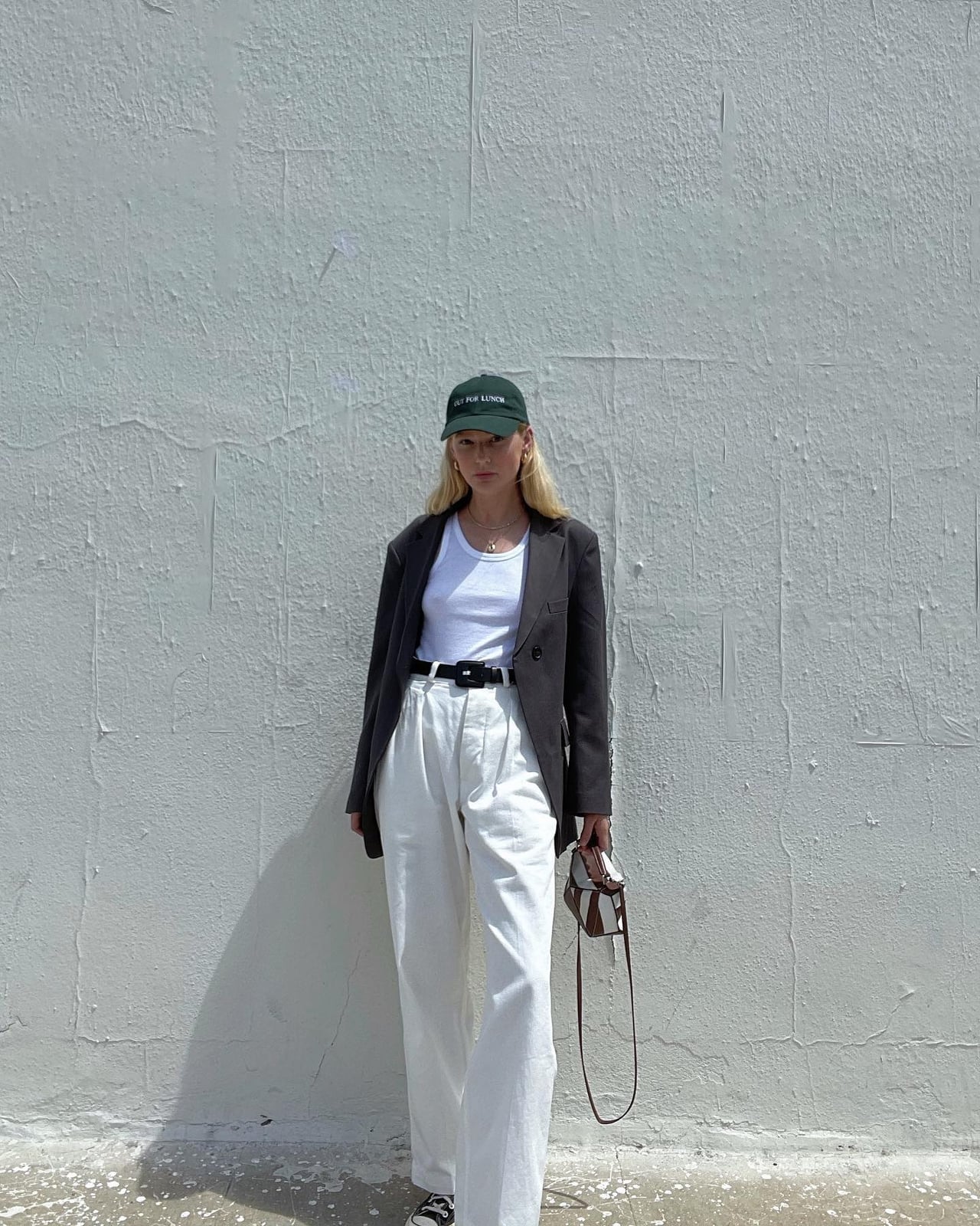 Grey Blazer With White Wide Leg Trousers Grey Blazer With White Wide Leg Trousers — Simple Streetwear Style