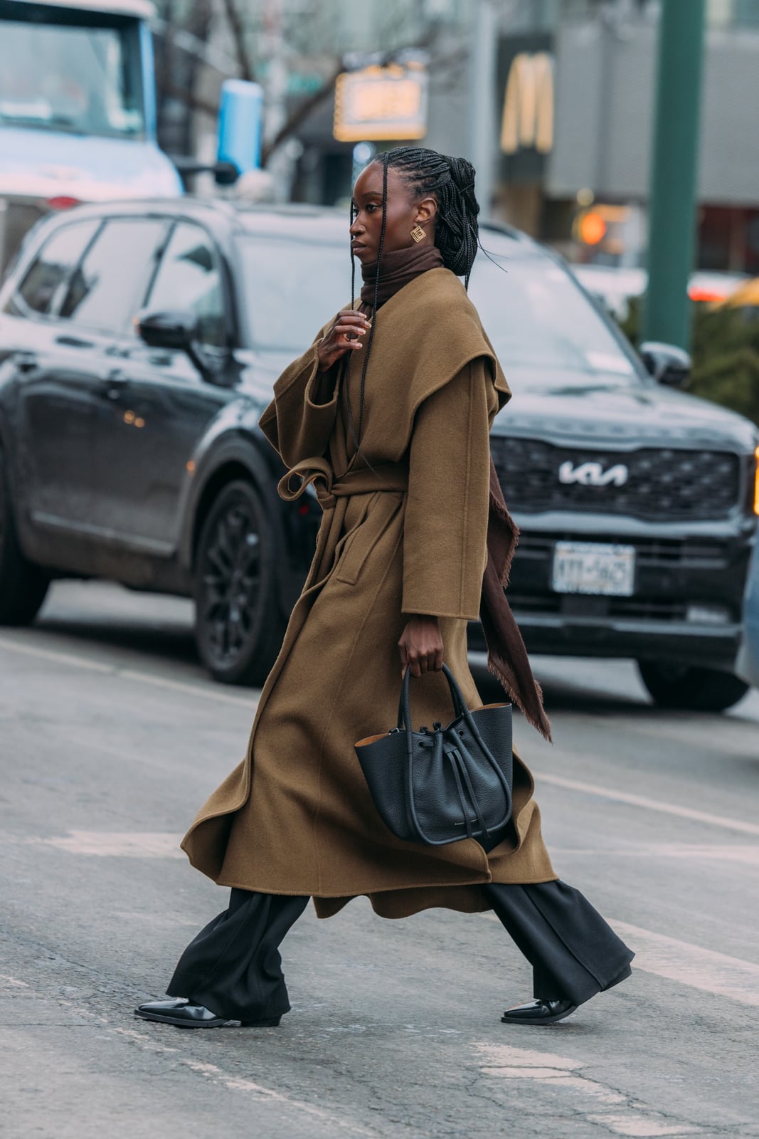 Brown Tie Waist Coat Over Turtleneck And Trousers Brown Tie Waist Coat Over Turtleneck And Trousers — Simple Streetwear Style