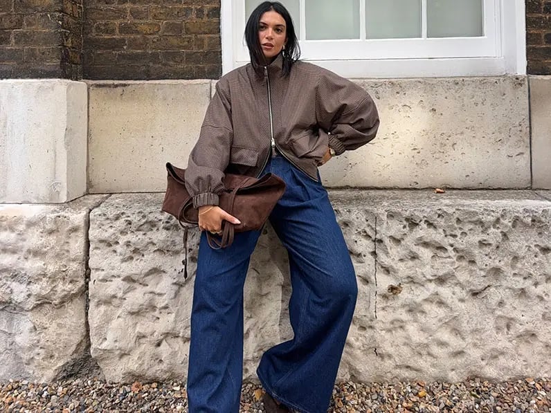 Patterned Bomber Jacket With Wide Leg Jeans Patterned Bomber Jacket With Wide Leg Jeans — Simple Streetwear Style