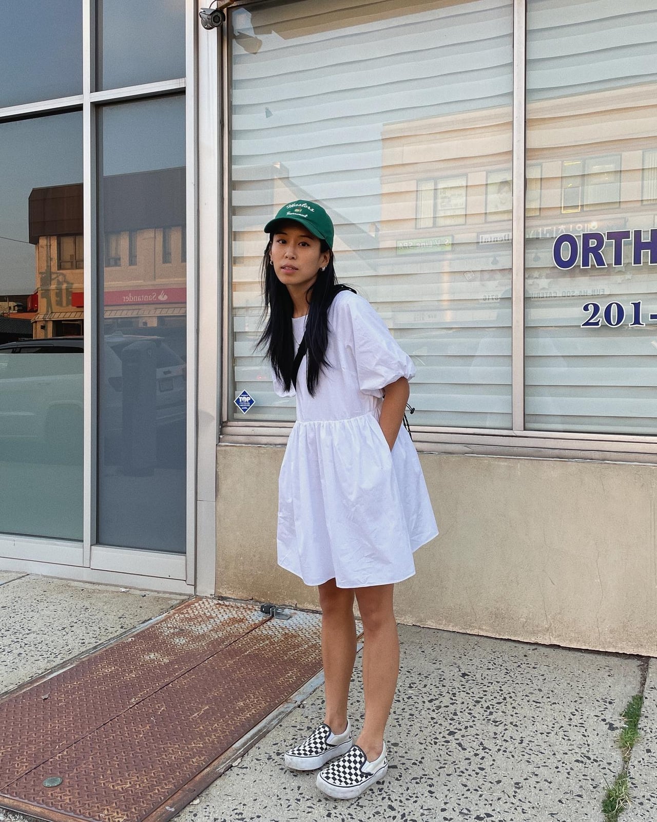 Puff Sleeve Dress With Checkered Sneakers Puff Sleeve Dress With Checkered Sneakers — Simple Streetwear Style