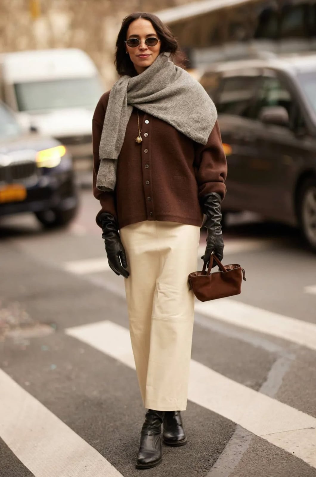 Brown Cardigan With Faux Leather Skirt Brown Cardigan With Faux Leather Skirt — Simple Streetwear Style