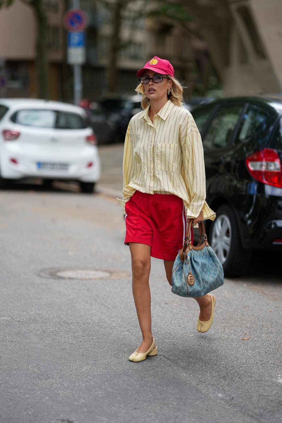 Striped Oversized Shirt With Red Shorts Striped Oversized Shirt With Red Shorts — Simple Streetwear Style