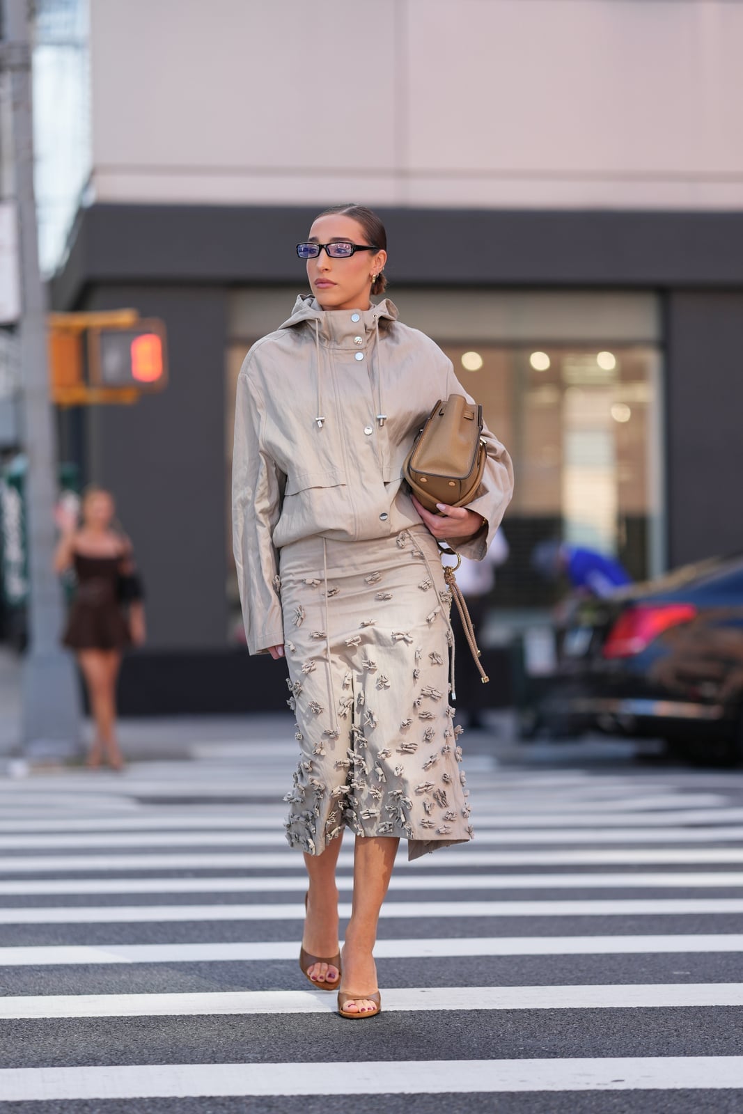 Hooded Jacket Over Embellished Midi Skirt Hooded Jacket Over Embellished Midi Skirt — Simple Streetwear Style