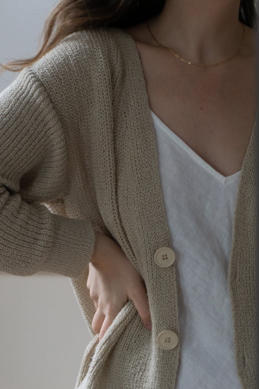 Beige Textured Knit Cardigan Over White Camisole Beige Textured Knit Cardigan Over White Camisole — Simple Style Inspo