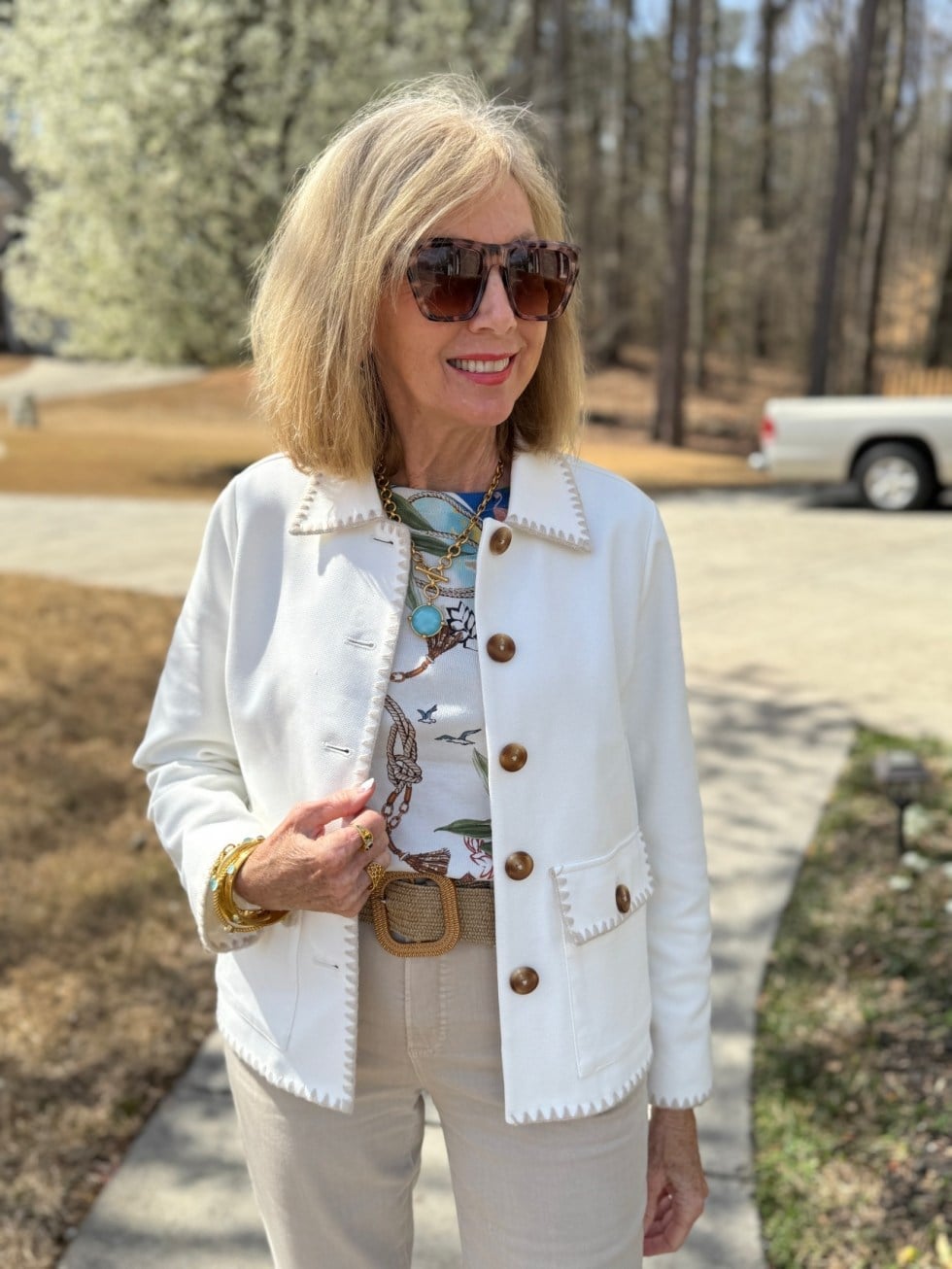White Textured Jacket with Patterned Top and Beige Trousers White Textured Jacket with Patterned Top and Beige Trousers — Simple Style Inspo