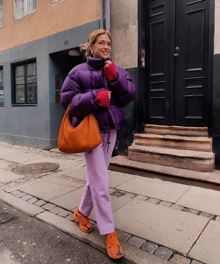 Purple Puffer Jacket Over Pink Sweater and Lilac Trousers Purple Puffer Jacket Over Pink Sweater and Lilac Trousers — Simple Style Inspo