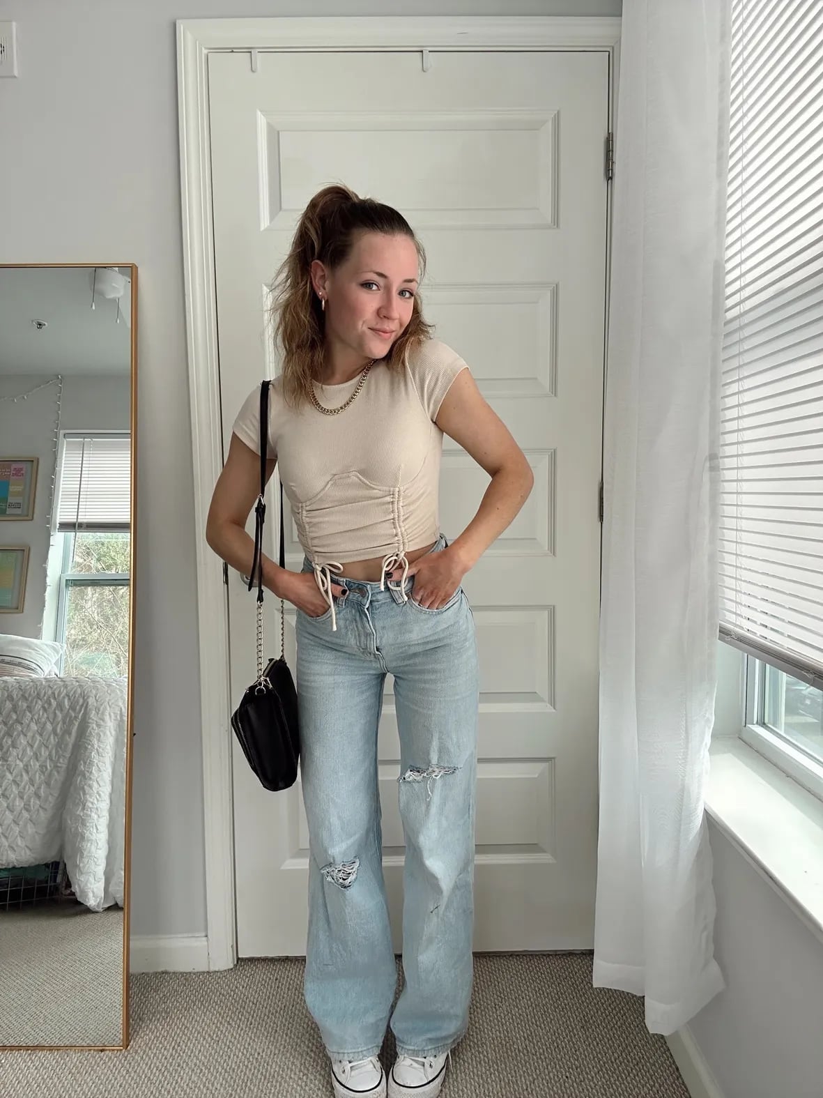 Ruched Corset Top with Ripped Wide Leg Jeans Ruched Corset Top with Ripped Wide Leg Jeans — Simple Style Inspo