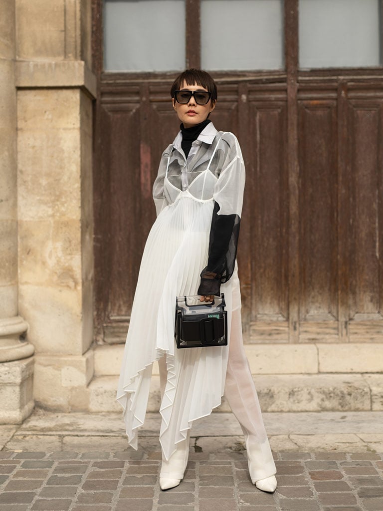 Sheer White Asymmetric Dress Over Black, Office-Safe Version Sheer White Asymmetric Dress Over Black, Office-Safe Version — Simple Style Inspo