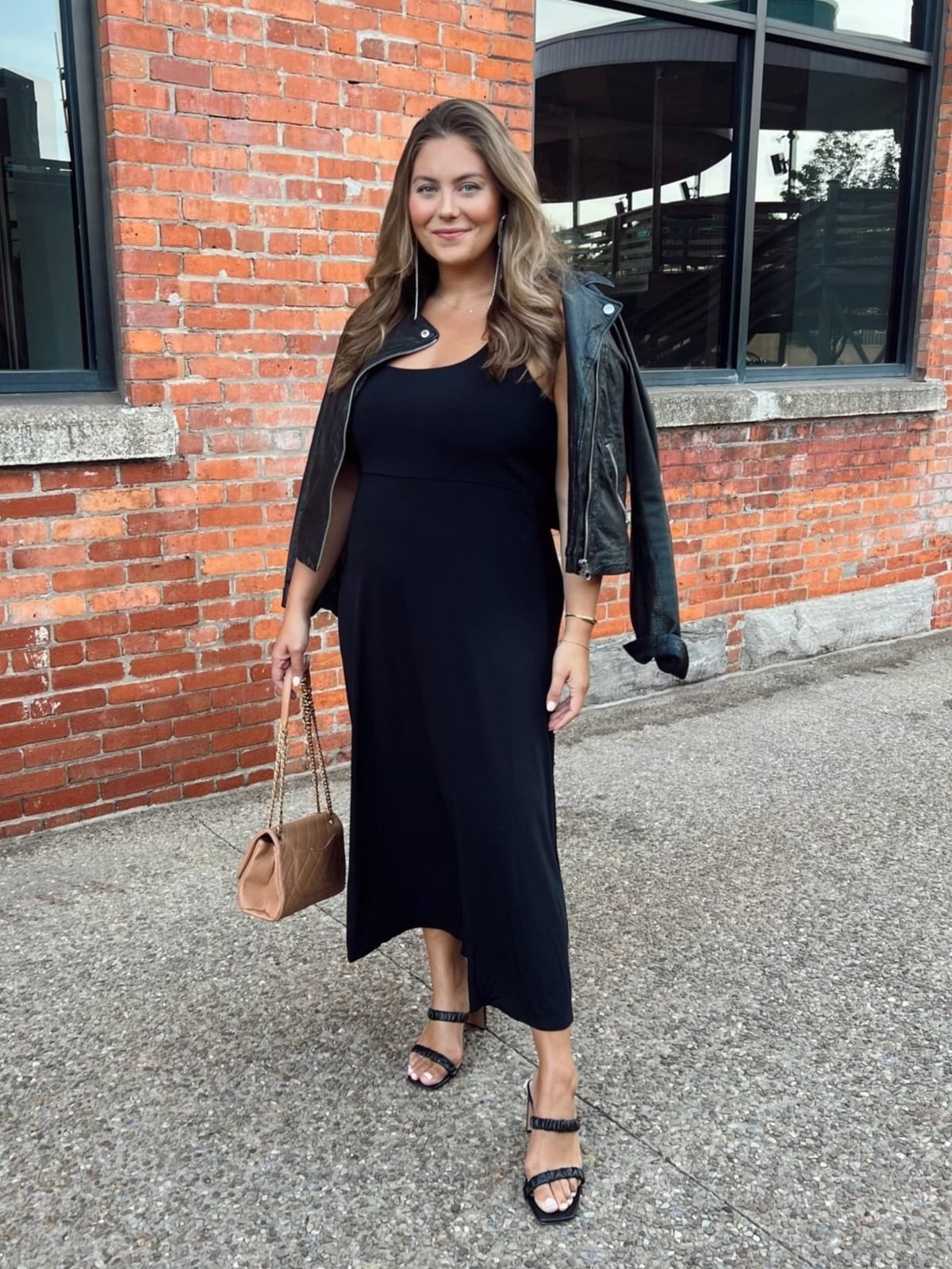 Black Midi Dress with Leather Jacket and Tan Quilted Handbag Black Midi Dress with Leather Jacket and Tan Quilted Handbag — Simple Style Inspo