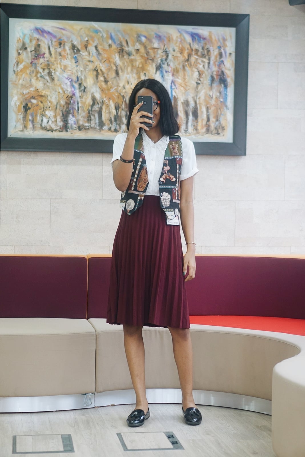 Patterned Vest with White Shirt and Burgundy Skirt, Close-Up Take Patterned Vest with White Shirt and Burgundy Skirt, Close-Up Take — Simple Style Inspo