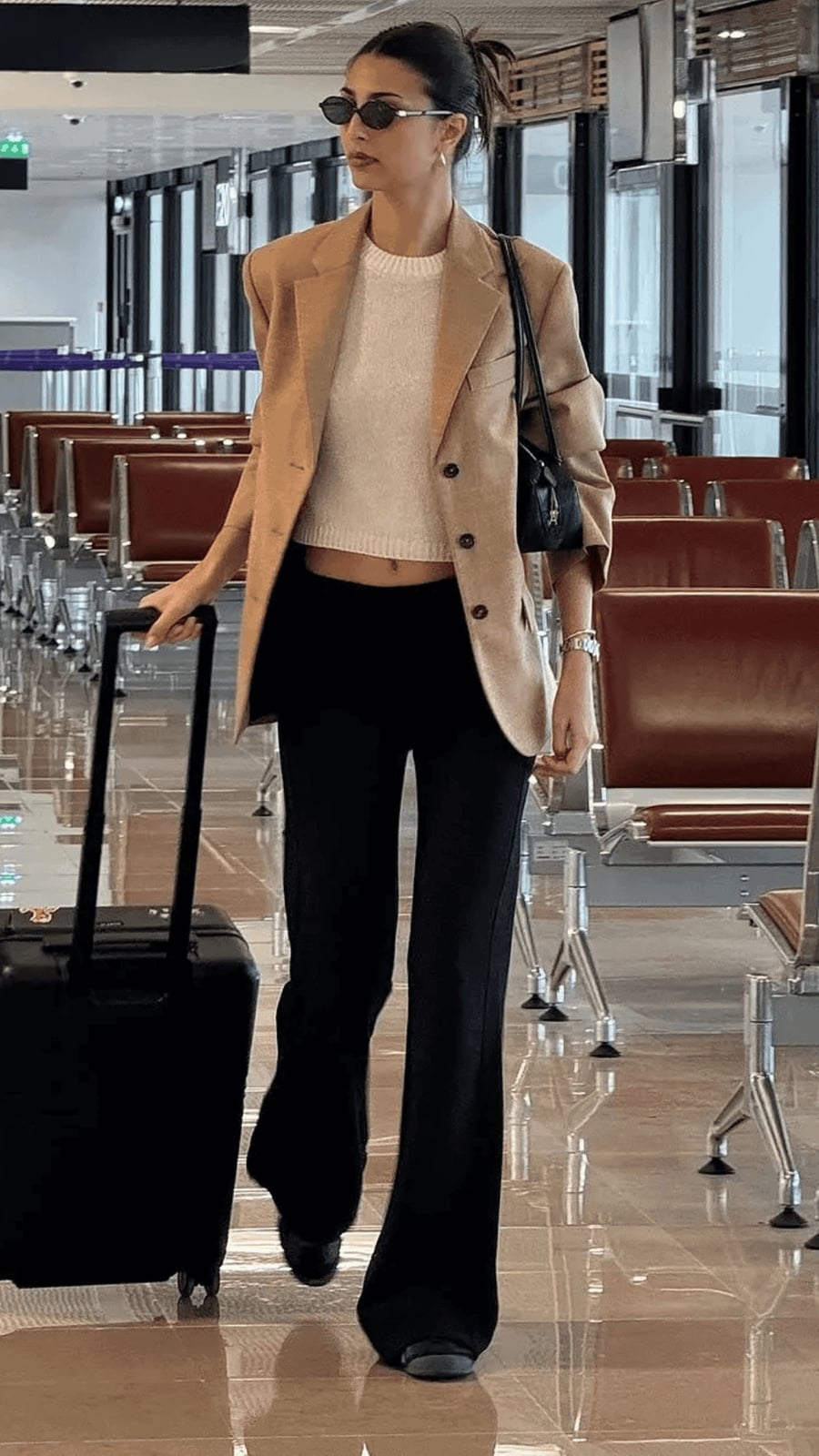 Beige Blazer with White Knit Top and Black Flared Trousers Beige Blazer with White Knit Top and Black Flared Trousers — Simple Style Inspo