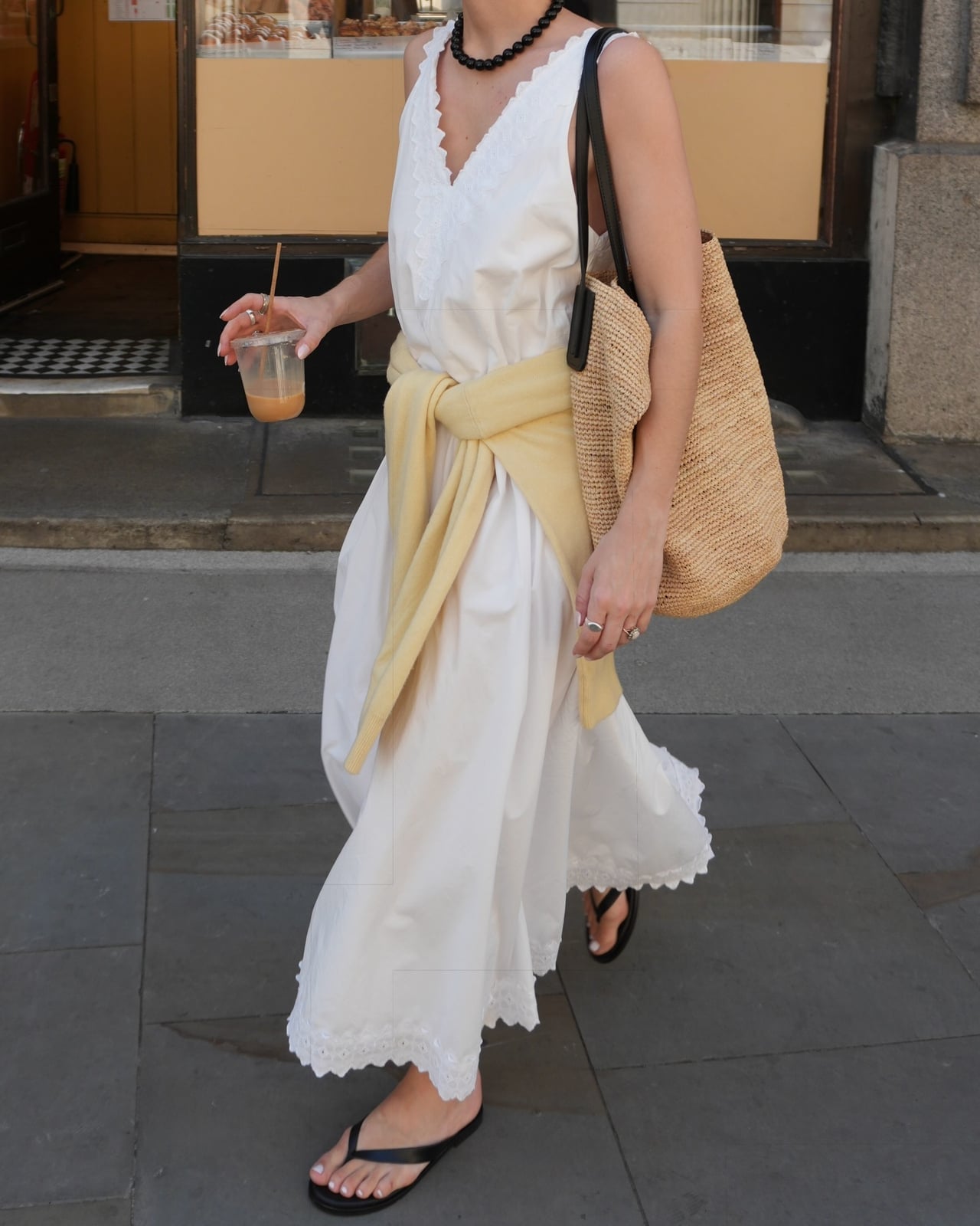 White Lace-Trimmed Midi Dress with Yellow Sweater White Lace-Trimmed Midi Dress with Yellow Sweater — Simple Style Inspo