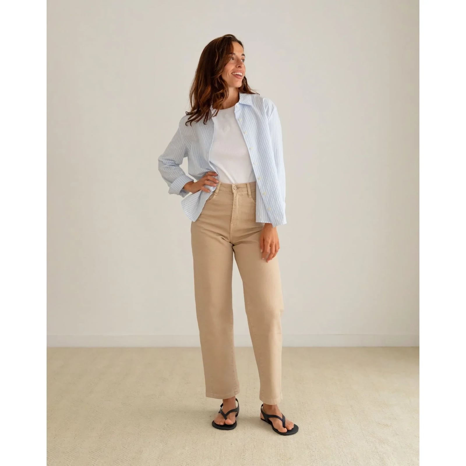 Tan Wide-Leg Trousers with a Striped Button-Down Shirt Tan Wide-Leg Trousers with a Striped Button-Down Shirt — Simple Tan Pants Outfits