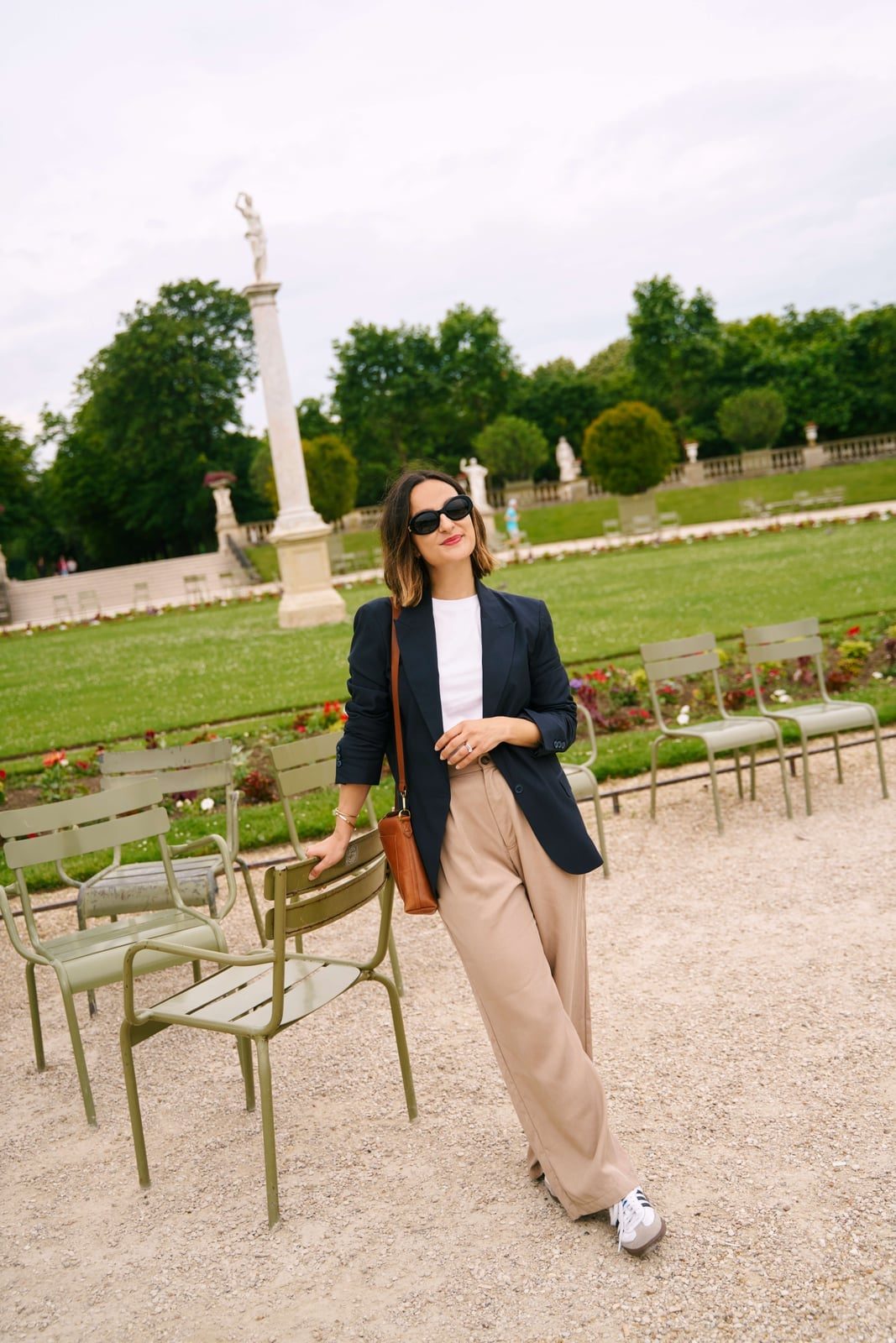 Tan Wide-Leg Trousers with a Navy Blazer Tan Wide-Leg Trousers with a Navy Blazer — Simple Tan Pants Outfits