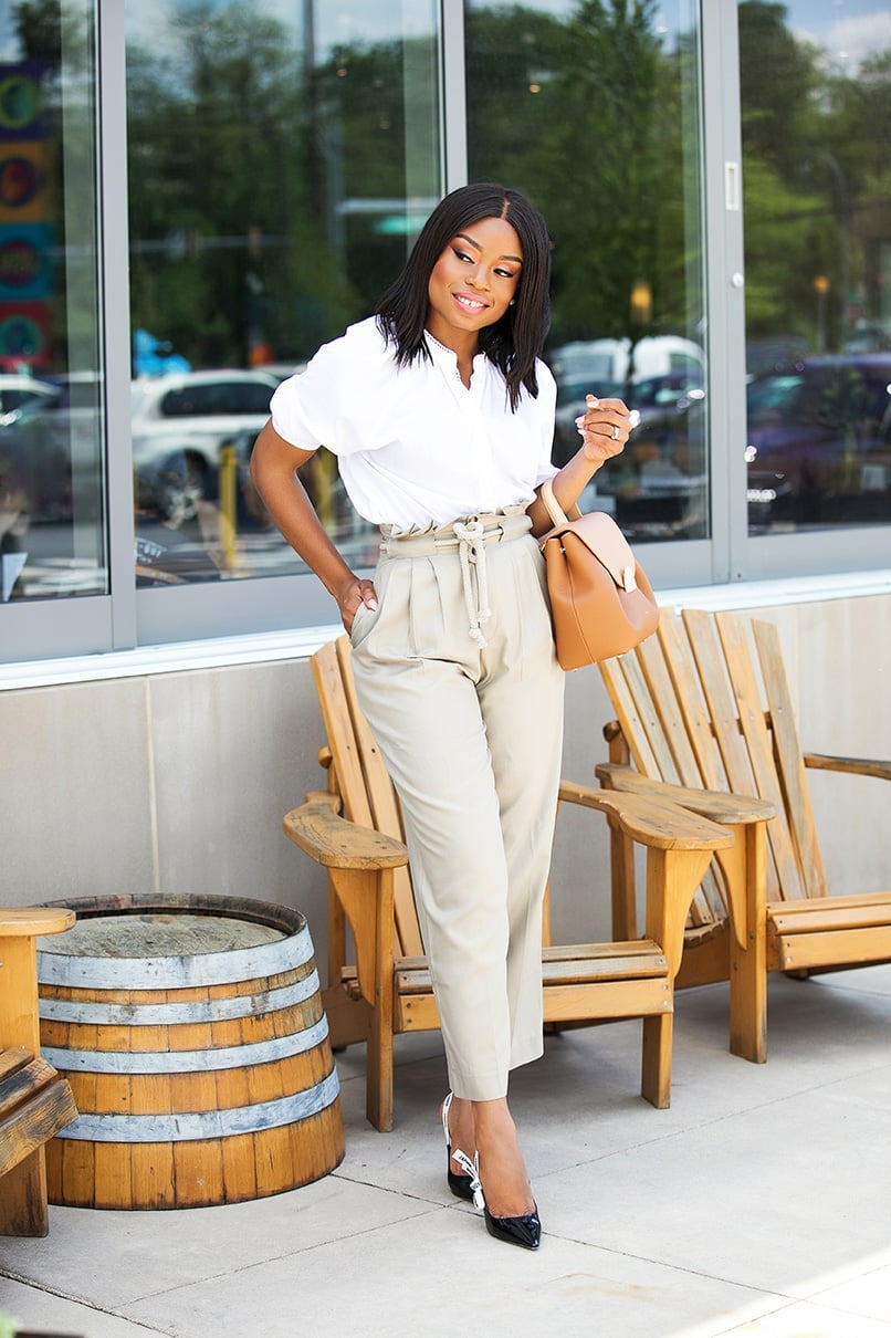 Paperbag Waist Tan Linen-Blend Trousers with a White Blouse Paperbag Waist Tan Linen-Blend Trousers with a White Blouse — Simple Tan Pants Outfits