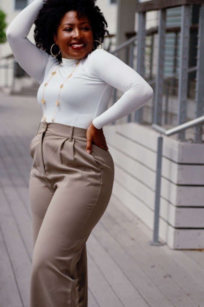 Taupe Wide-Leg Pleated Trousers with a White Mock Neck Top Taupe Wide-Leg Pleated Trousers with a White Mock Neck Top — Simple Tan Pants Outfits