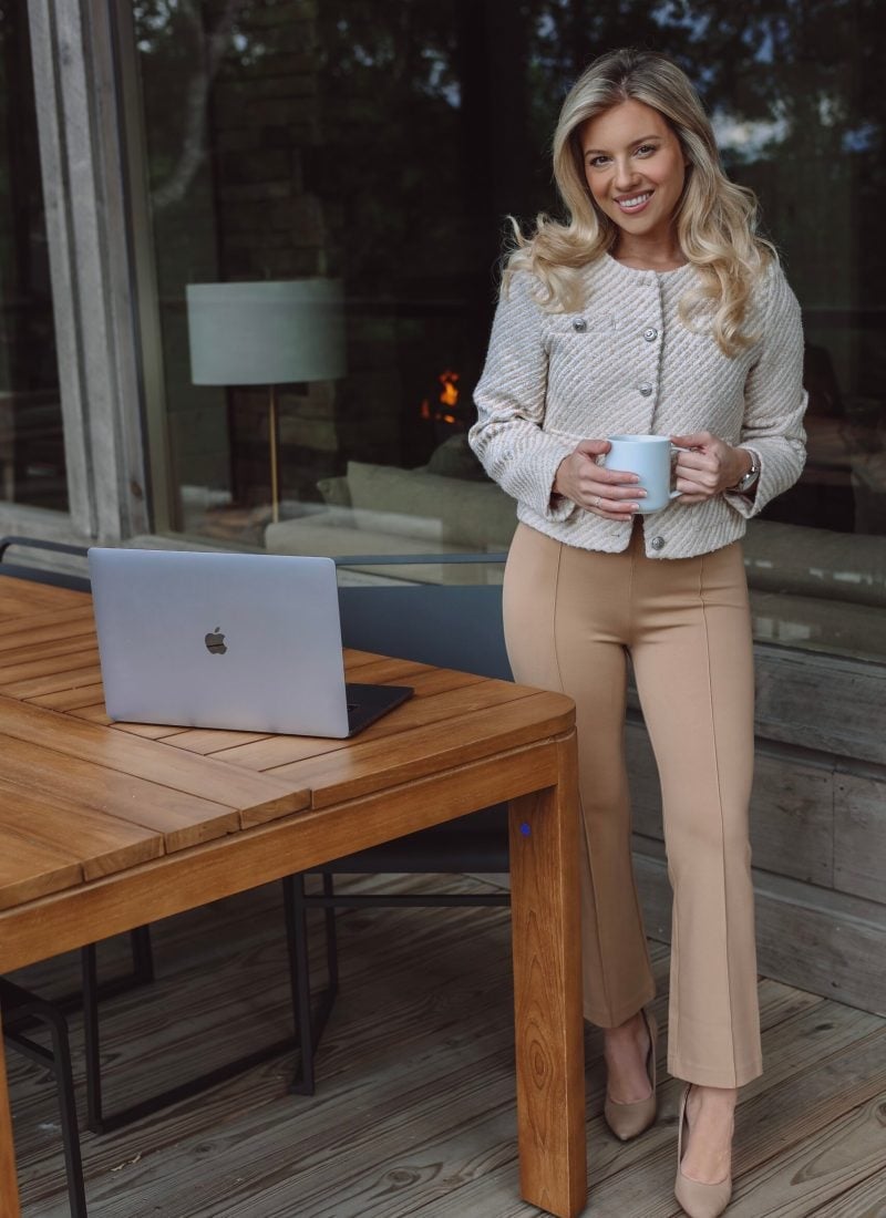 Tailored Beige Trousers with a Flared Hem and Cream Tweed Jacket Tailored Beige Trousers with a Flared Hem and Cream Tweed Jacket — Simple Tan Pants Outfits