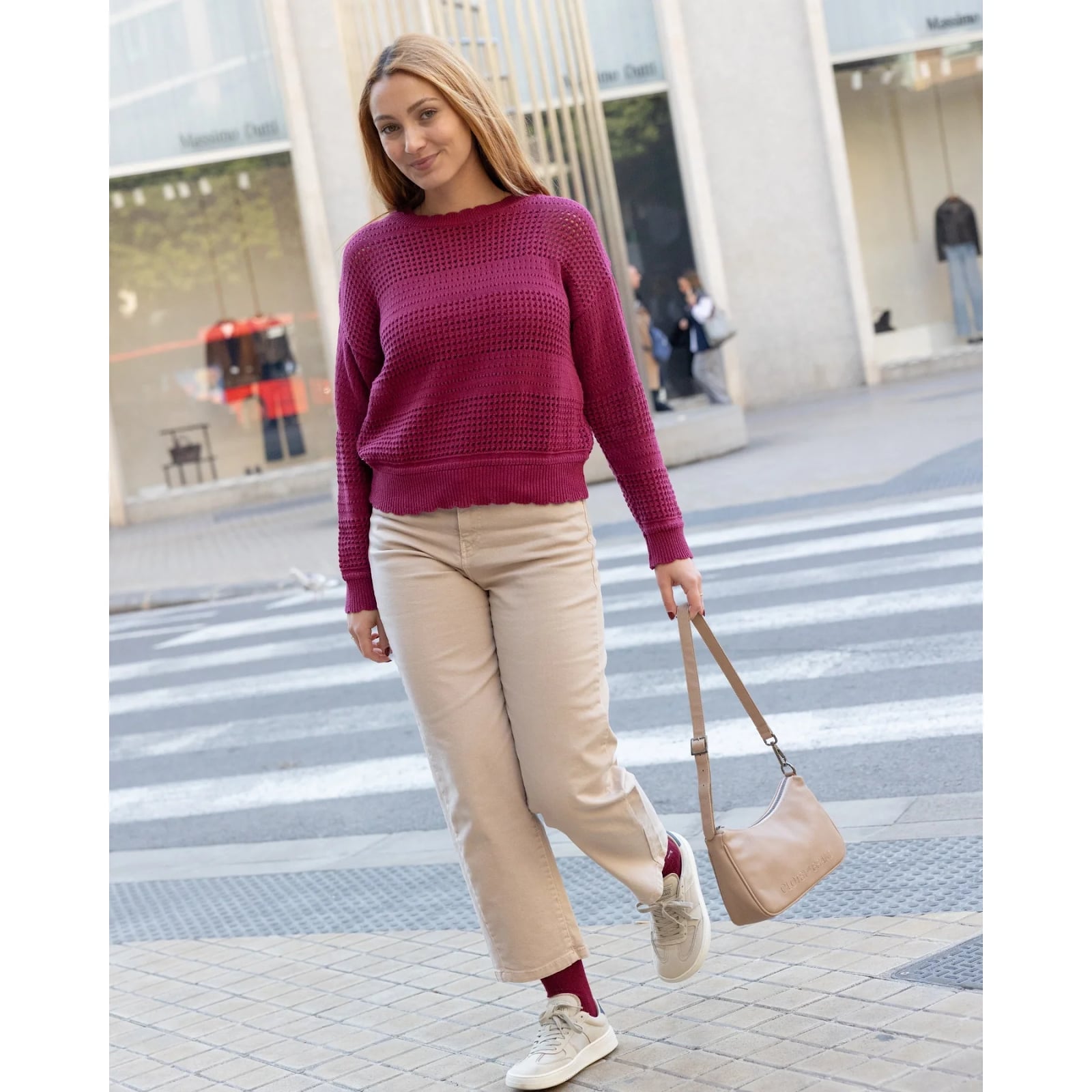 Wide-leg Beige Trousers with a Burgundy Knit Sweater Wide-leg Beige Trousers with a Burgundy Knit Sweater — Simple Tan Pants Outfits