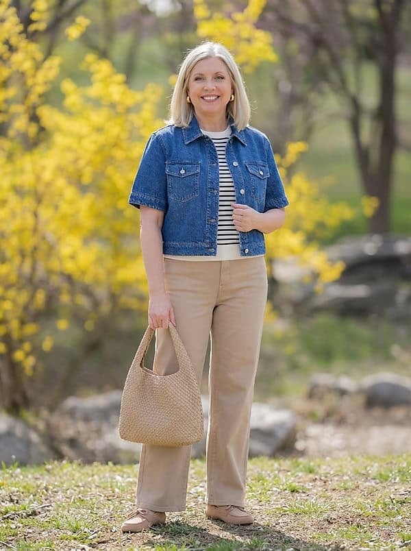 Wide-leg Tan Pants with a Striped T-Shirt and Denim Jacket Wide-leg Tan Pants with a Striped T-Shirt and Denim Jacket — Simple Tan Pants Outfits