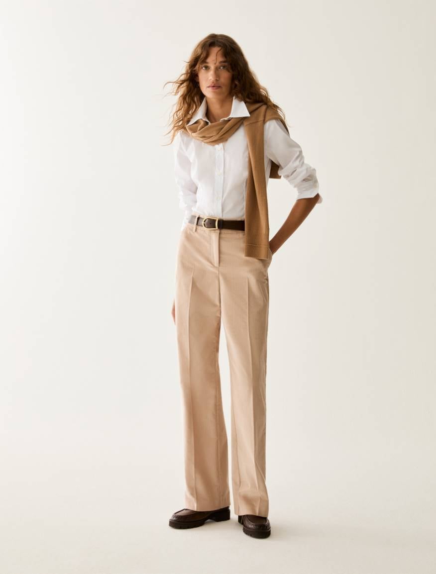 Beige Corduroy Wide-Leg Trousers with a Camel Sweater, Close-Up Take Beige Corduroy Wide-Leg Trousers with a Camel Sweater, Close-Up Take — Simple Tan Pants Outfits