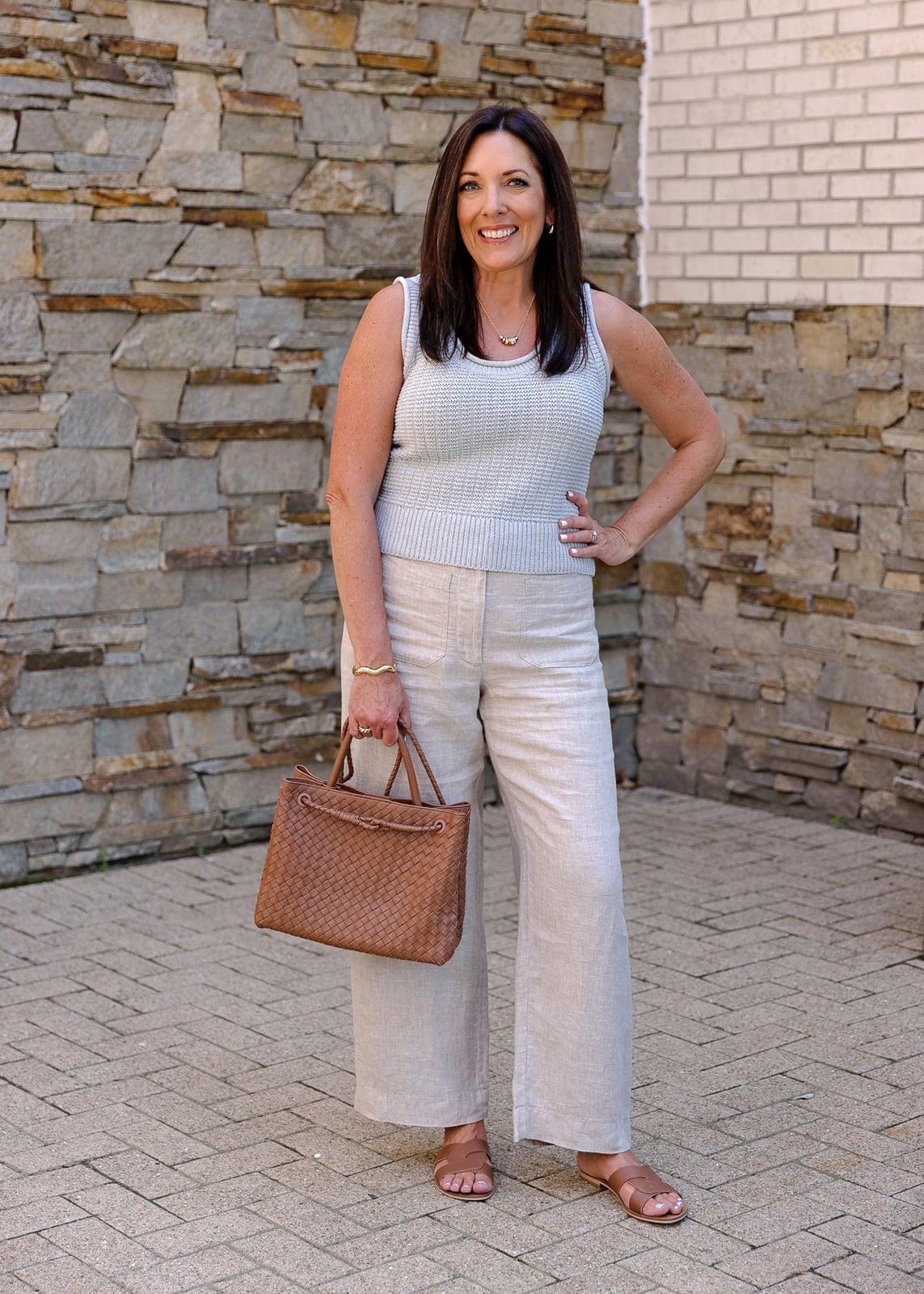 Beige Wide-Leg Linen Pants with a Grey Knit Sleeveless Top Beige Wide-Leg Linen Pants with a Grey Knit Sleeveless Top — Simple Tan Pants Outfits