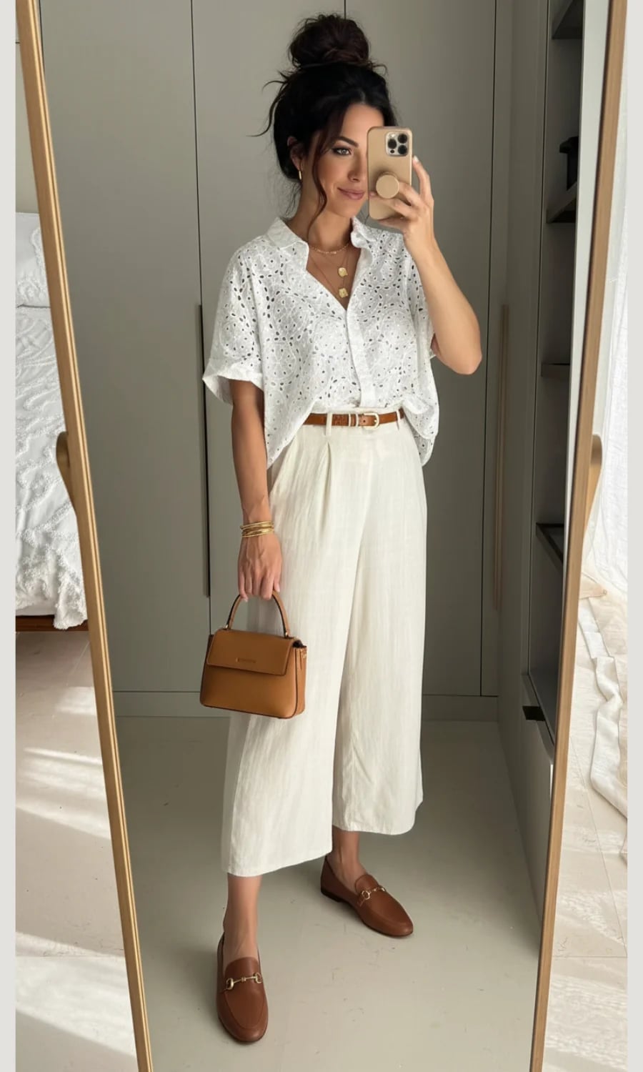 Off-white Wide-Leg Linen Culottes with a White Eyelet Shirt Off-white Wide-Leg Linen Culottes with a White Eyelet Shirt — Simple Tan Pants Outfits