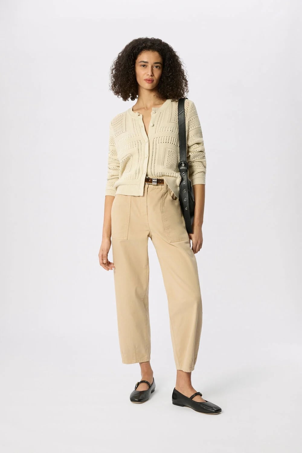 Beige High-Waisted Relaxed Fit Trousers with a Cream Crocheted Beige High-Waisted Relaxed Fit Trousers with a Cream Crocheted — Simple Tan Pants Outfits