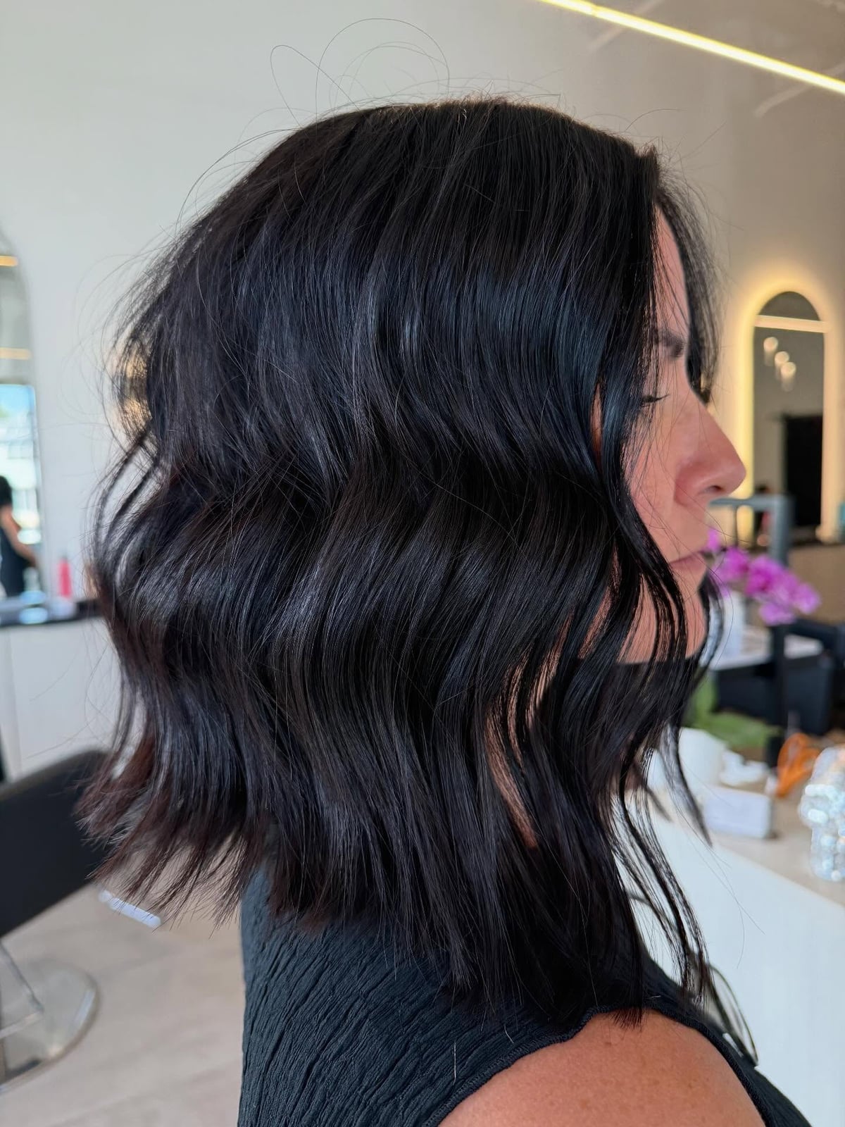 Chin Length Angled Bob With Texture, Wavy Chin Length Angled Bob With Texture, Wavy — Simple Textured Bob