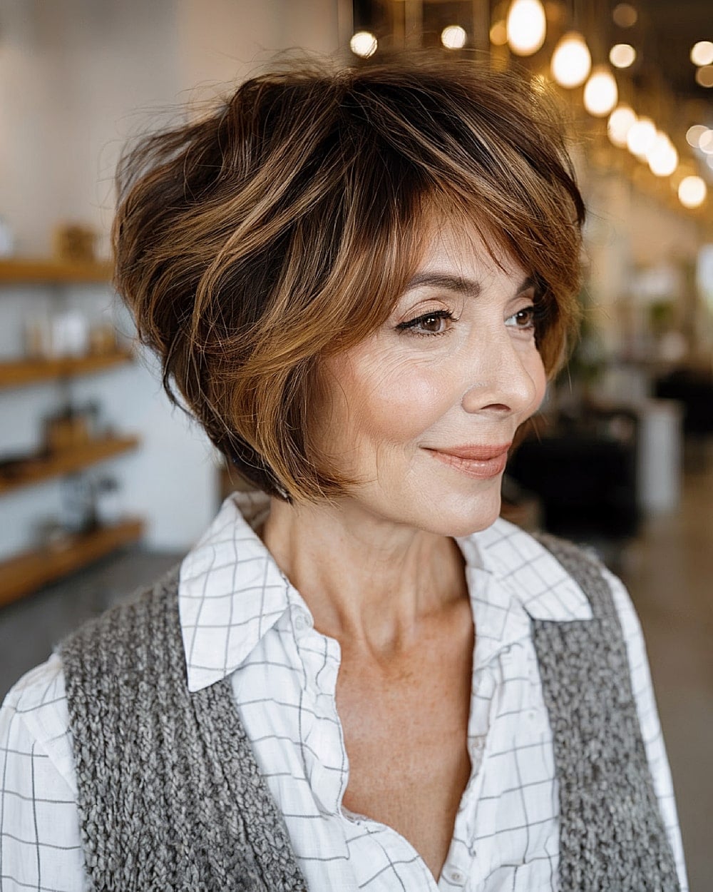 Stacked Inverted Bob With Angled Back and Brown With Highlights Stacked Inverted Bob With Angled Back and Brown With Highlights — Simple Textured Bob