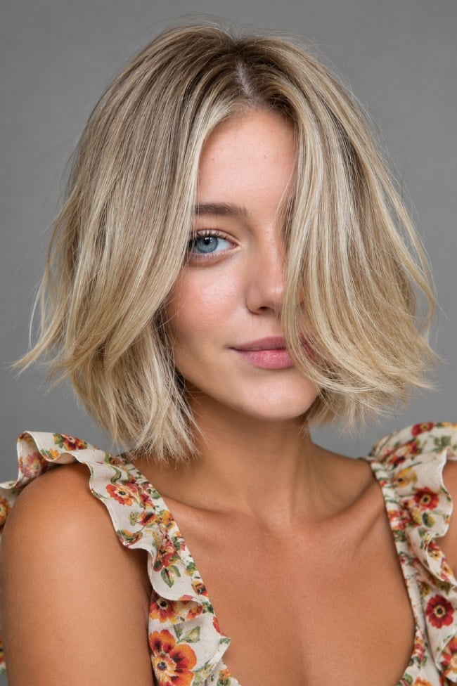 Chin Length Bob With Soft Curtain Bangs Chin Length Bob With Soft Curtain Bangs — Simple Textured Bob