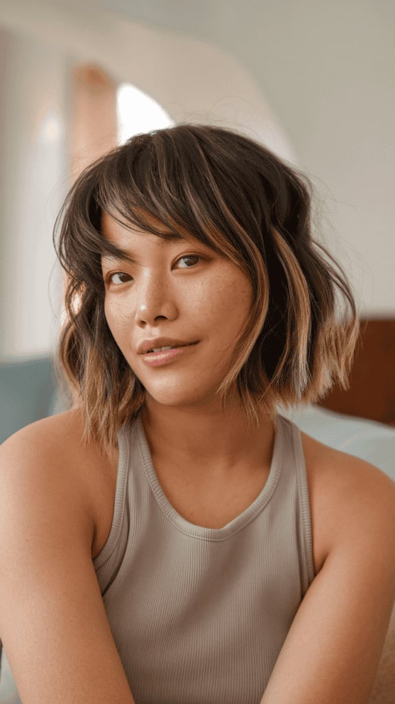 Dark Brown Bob With Fluffy Texture Dark Brown Bob With Fluffy Texture — Simple Textured Bob