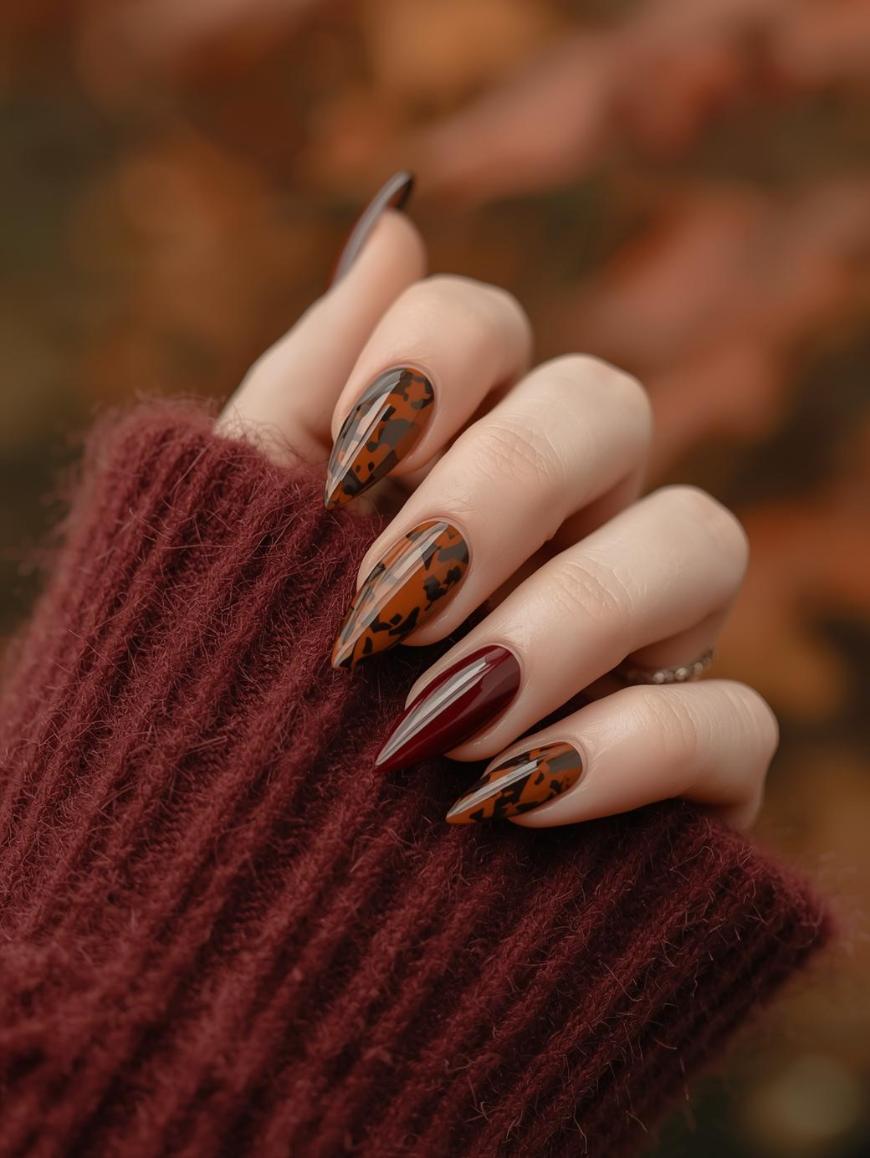 Long Stiletto Tortoise With Red Accent — Simple Tortoise Nails