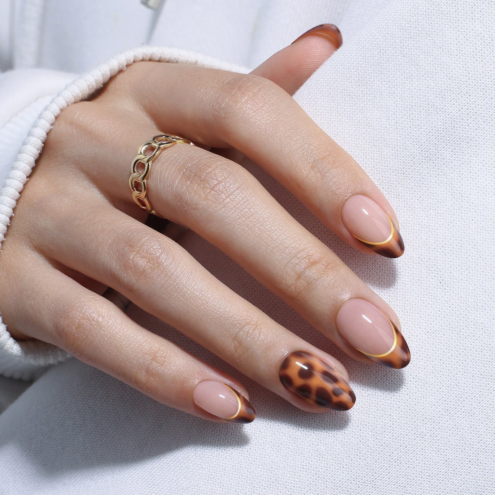Short Almond Tortoise French Accent With Nude Base — Simple Tortoise Nails