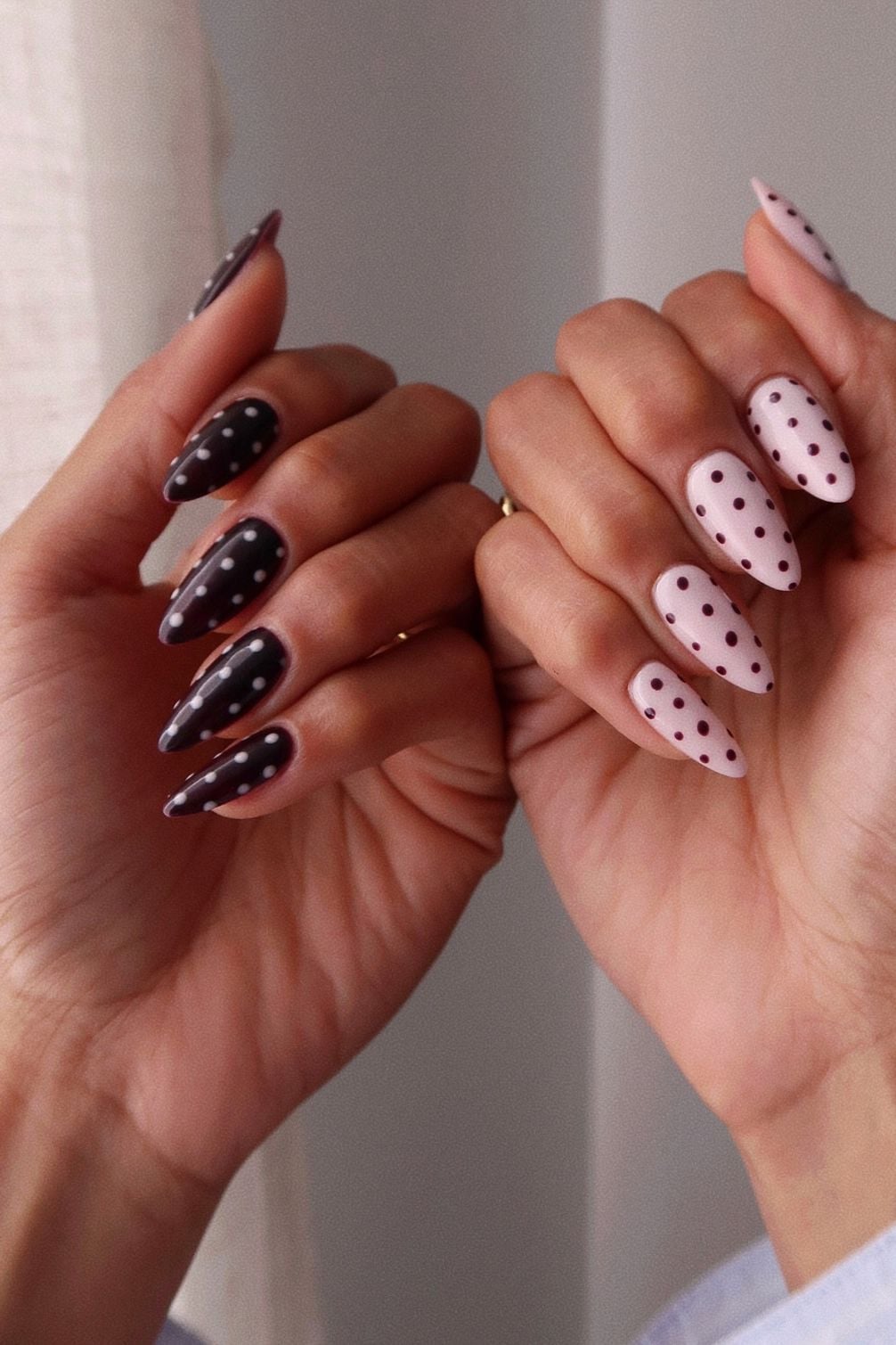 Contrasting Polka Dot Long Almond Nails — Simple Trending Nails