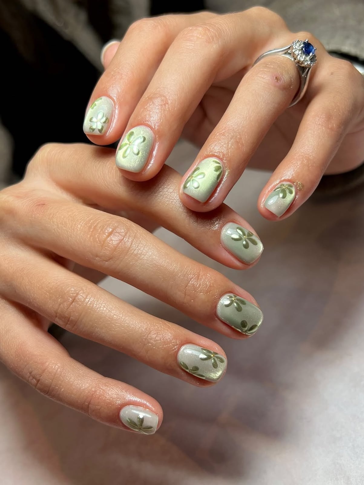 Metallic Green Floral Short Square Nails — Simple Trending Nails