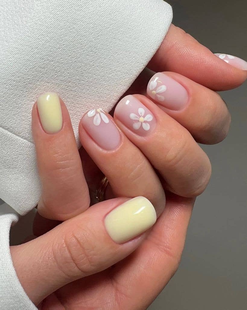 Floral Art Short Rounded Square Nails — Simple Trending Nails