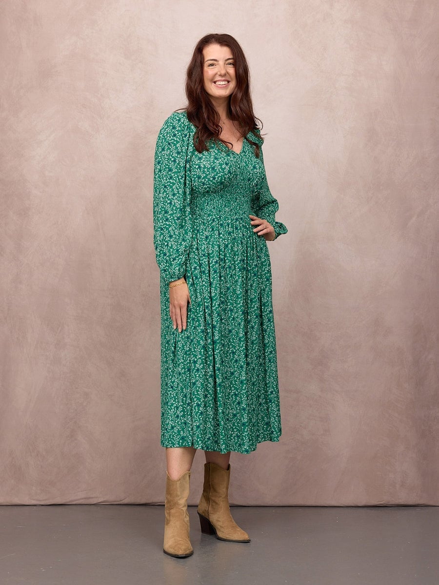 Green Floral Print Fit-And-Flare Midi Dress Green Floral Print Fit-And-Flare Midi Dress — Simple V Neck Dress