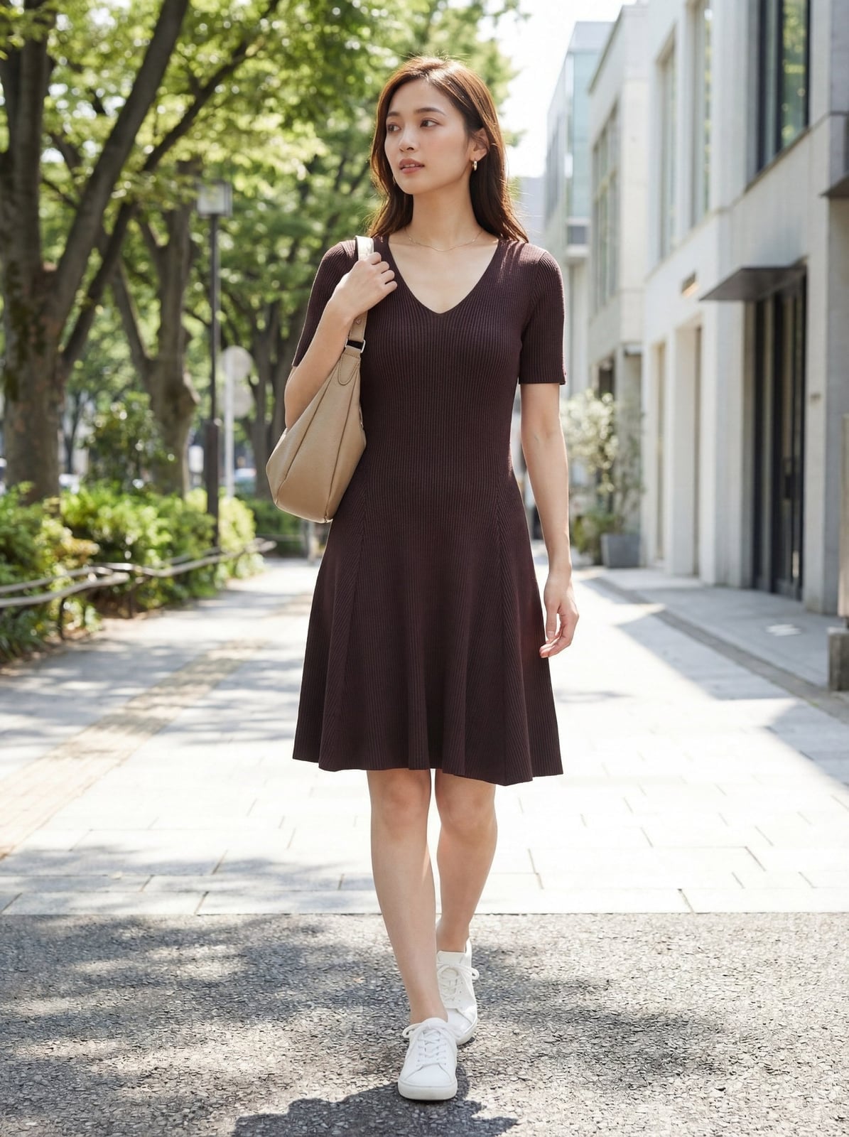 Brown Ribbed Knit V-neck Fit-And-Flare Dress Brown Ribbed Knit V-neck Fit-And-Flare Dress — Simple V Neck Dress