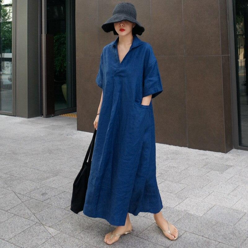 Blue Cotton Linen V-neck A-line Dress with Pockets Blue Cotton Linen V-neck A-line Dress with Pockets — Simple V Neck Dress