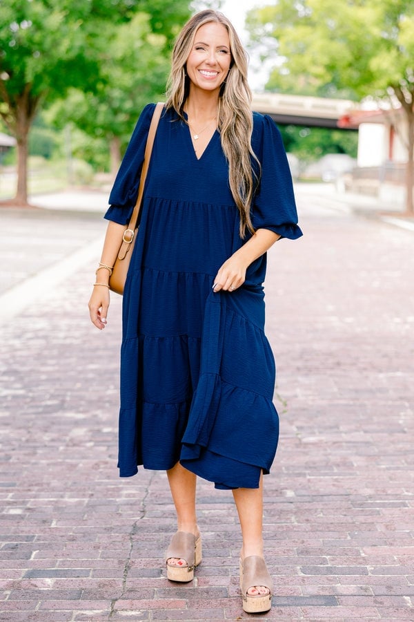 Navy Blue Tiered A-line Midi Dress with Puff Sleeves Navy Blue Tiered A-line Midi Dress with Puff Sleeves — Simple V Neck Dress