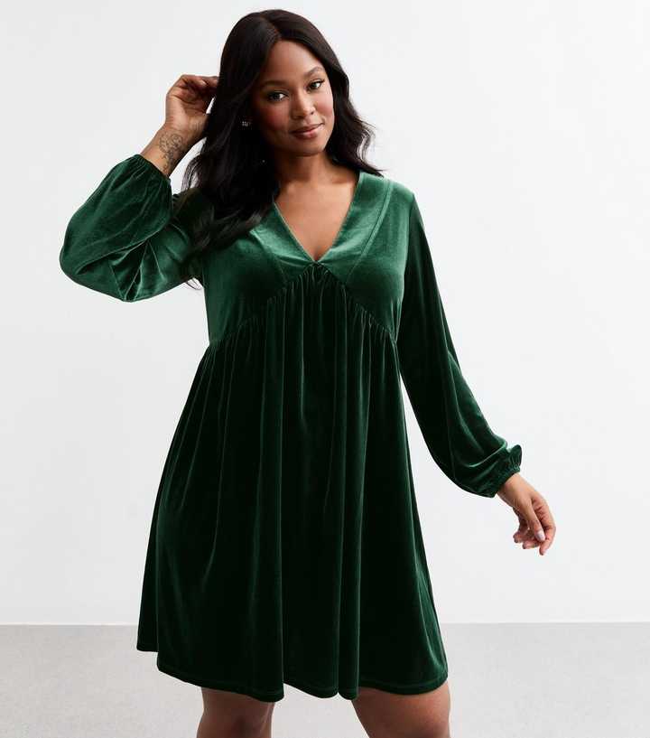 Dark Green Velvet Long Sleeve Babydoll Mini Dress Dark Green Velvet Long Sleeve Babydoll Mini Dress — Simple V Neck Dress