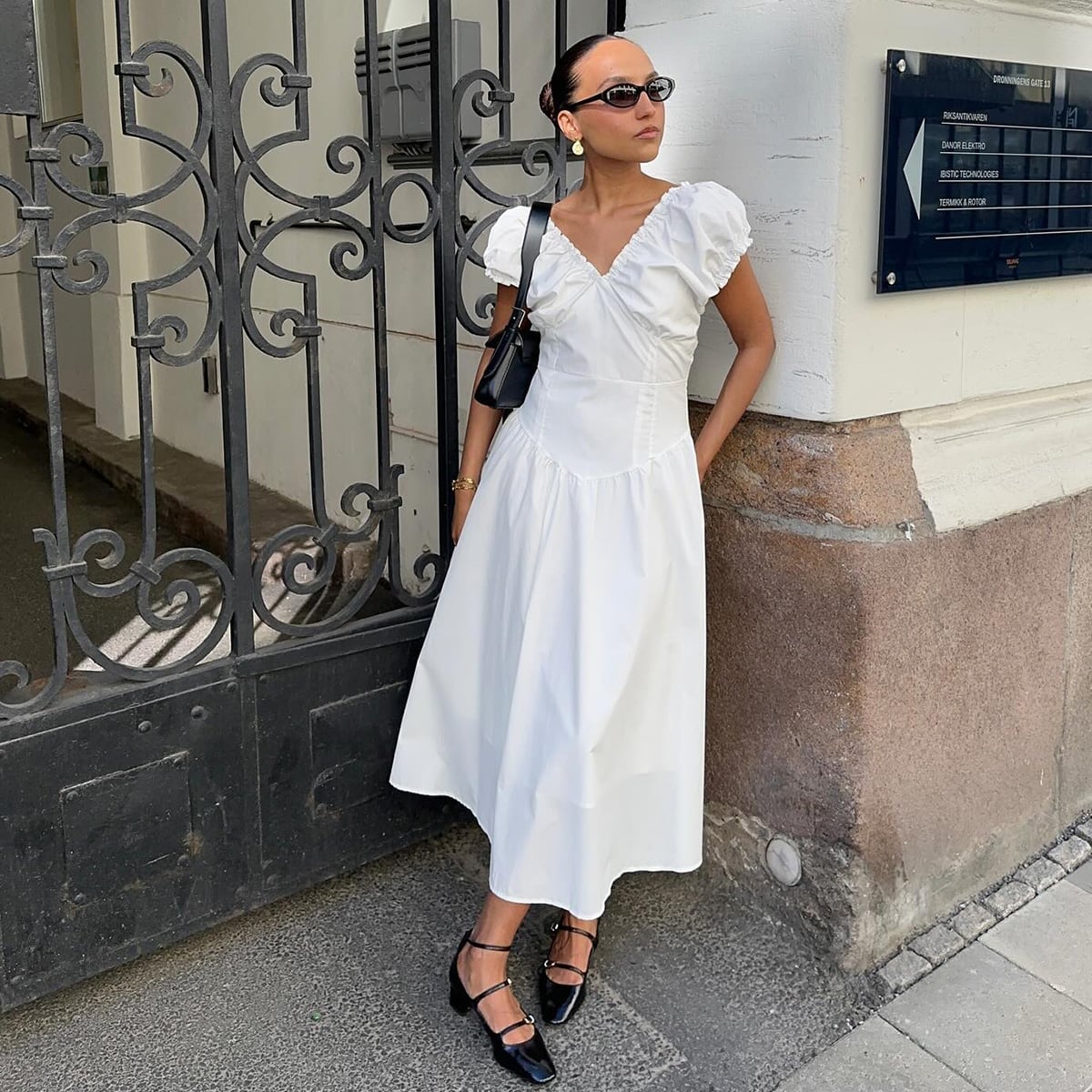 White Cotton A-line Midi Dress with Puff Sleeves and Gathered Neckline White Cotton A-line Midi Dress with Puff Sleeves and Gathered Neckline — Simple V Neck Dress
