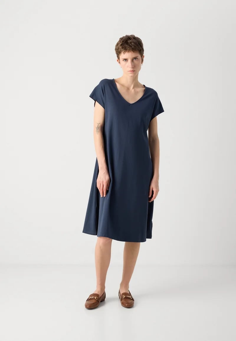 Muted Blue Short Sleeve Jersey V-neck A-line Dress Muted Blue Short Sleeve Jersey V-neck A-line Dress — Simple V Neck Dress
