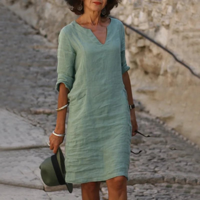 Pale Green Crinkled Linen V-neck Midi Dress with Pockets Pale Green Crinkled Linen V-neck Midi Dress with Pockets — Simple V Neck Dress