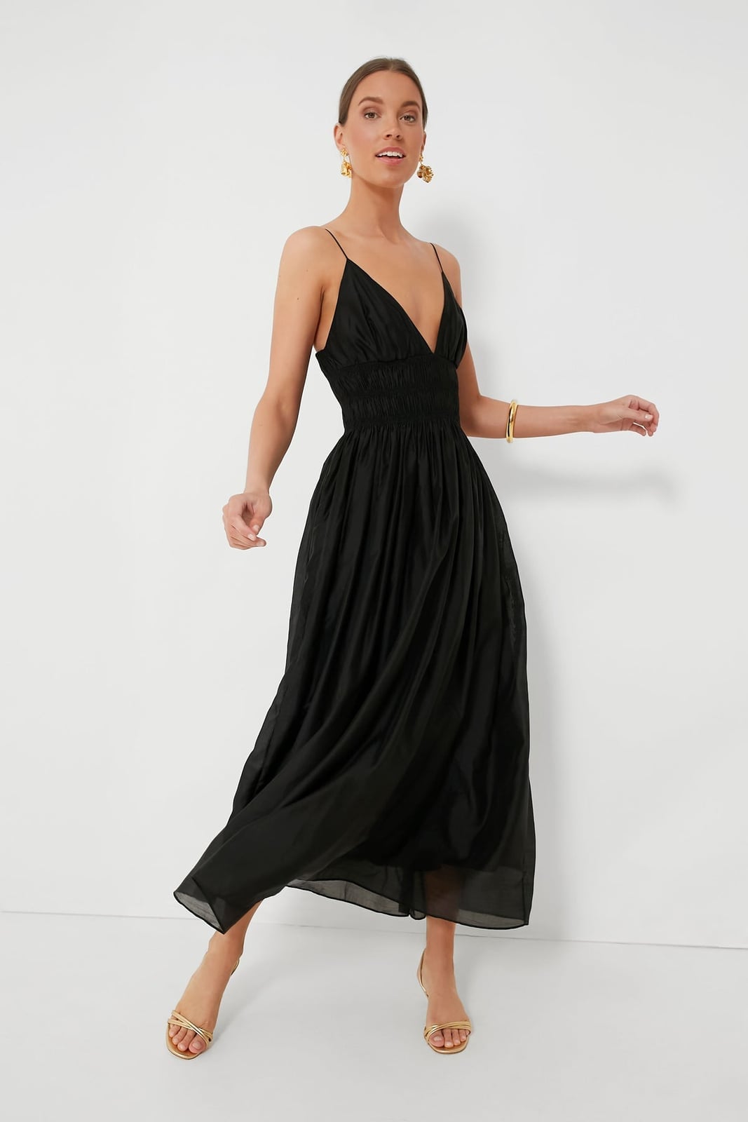 Black Silk Chiffon V-neck Maxi Dress with Smocked Bodice Black Silk Chiffon V-neck Maxi Dress with Smocked Bodice — Simple V Neck Dress