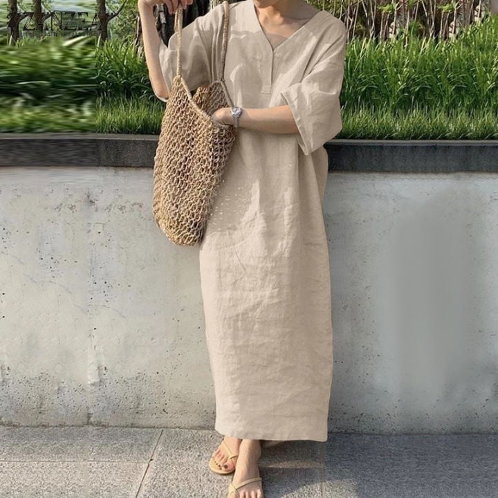 Beige Linen Relaxed Fit V-neck Maxi Dress Beige Linen Relaxed Fit V-neck Maxi Dress — Simple V Neck Dress