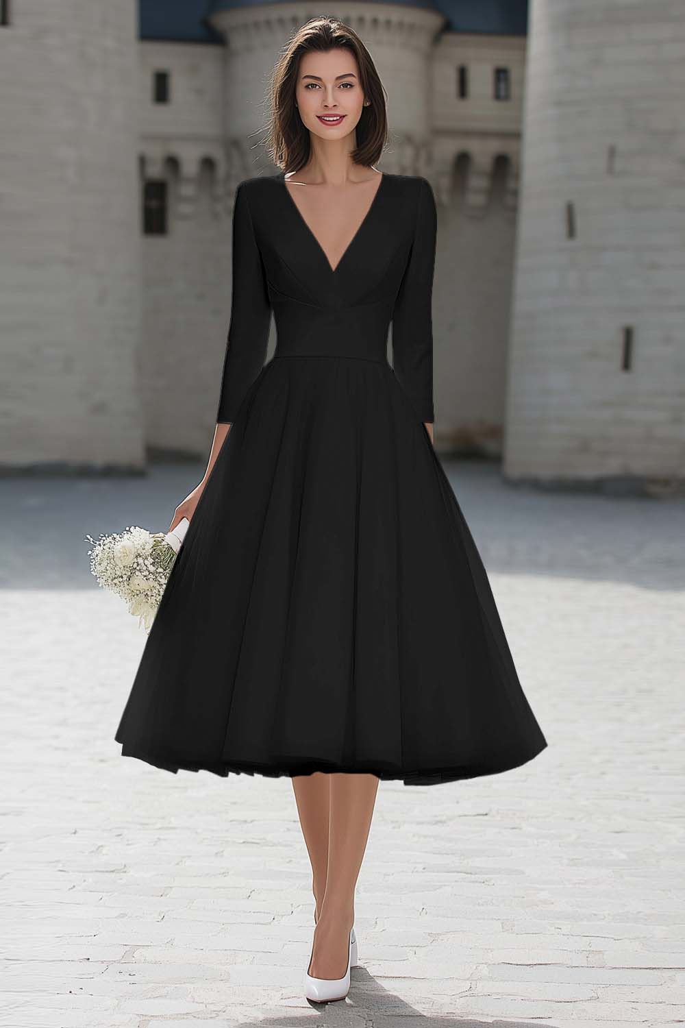 Black Satin A-line Midi Dress with Full Skirt Black Satin A-line Midi Dress with Full Skirt — Simple V Neck Dress