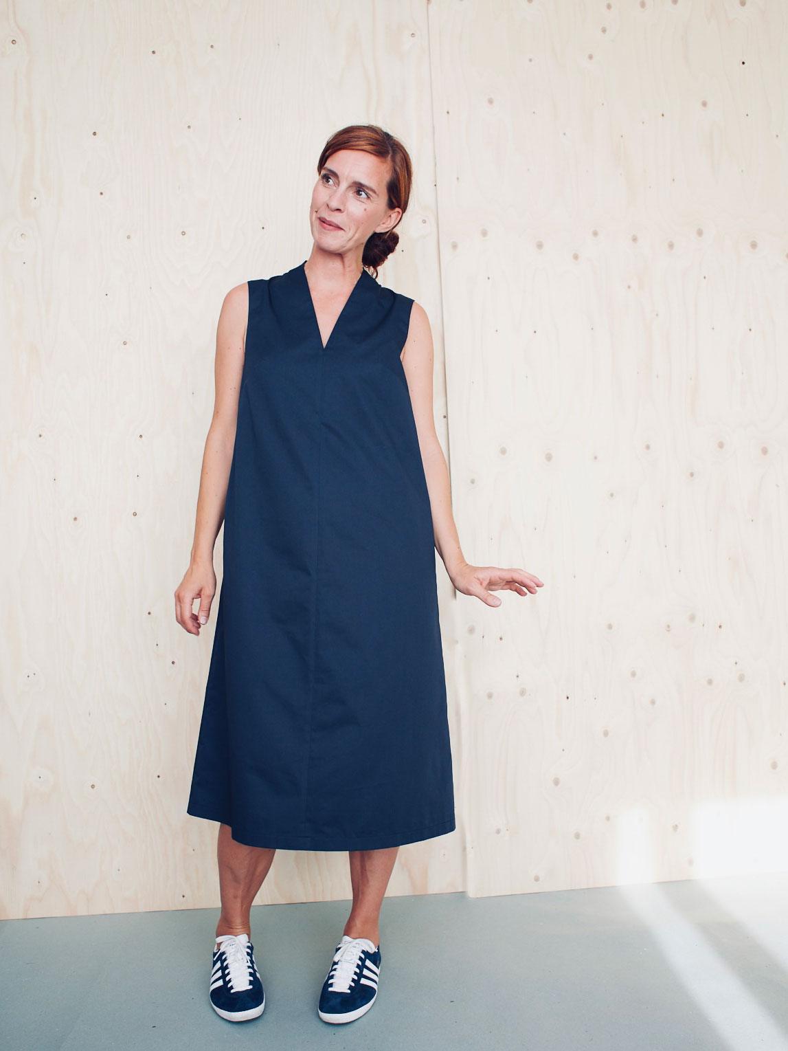 Dark Navy Sleeveless V-neck A-line Midi Dress Dark Navy Sleeveless V-neck A-line Midi Dress — Simple V Neck Dress