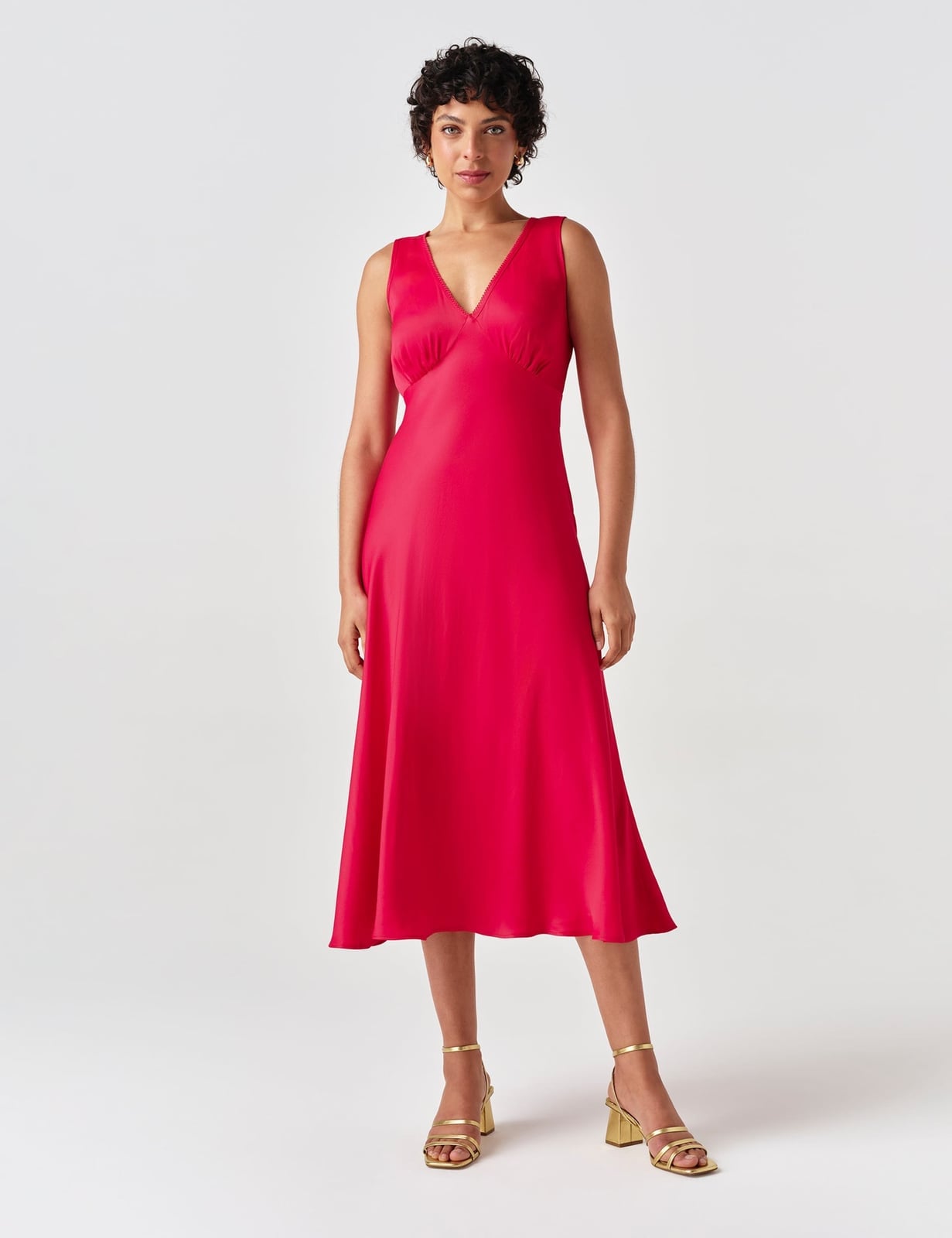 Pink Satin Sleeveless V-neck Midi Dress Pink Satin Sleeveless V-neck Midi Dress — Simple V Neck Dress